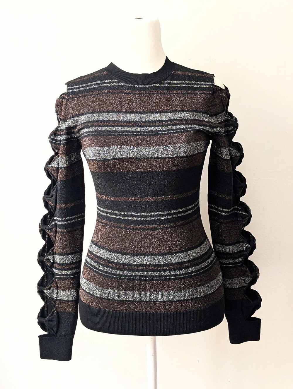 NWT Ted Baker Jelinaa Metallic Stripe Knit Sweater Bow Cutout Sleeve XS